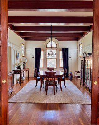 Chandelier, Dining room, Interior, Wooden Beams, Wood Texture Flooring