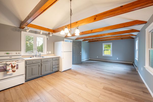 Empty room, Interior, Kitchen, Pendant Lights, Wooden Beams, Wood Texture Flooring