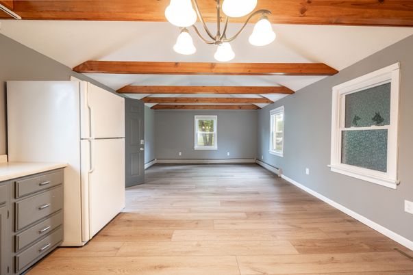 Empty room, Interior, Pendant Lights, Wooden Beams, Wood Texture Flooring