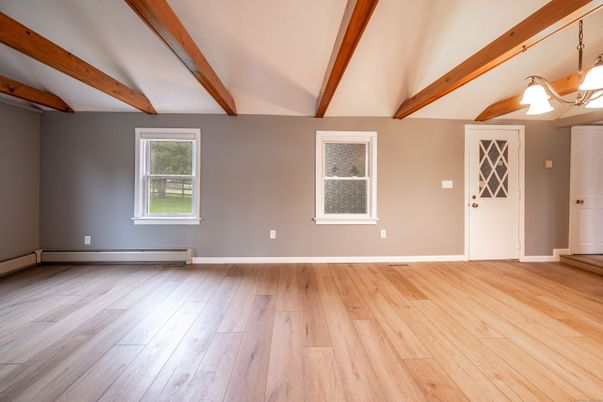 Empty room, Interior, Pendant Lights, Wooden Beams, Wood Texture Flooring