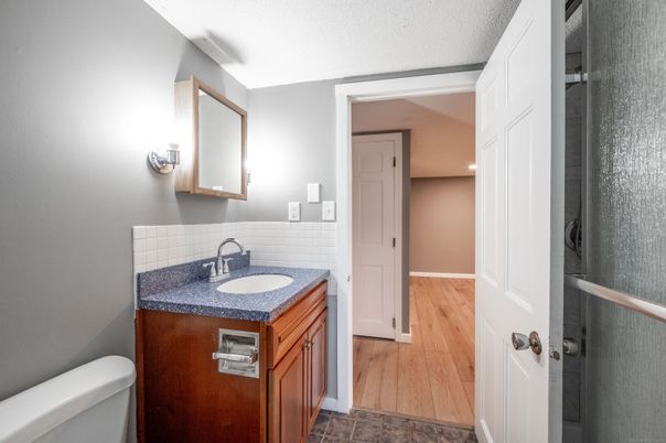 Bathroom, Interior, Recessed Lighting, Wood Texture Flooring