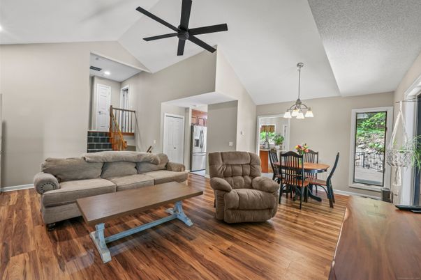 Dining room, Interior, Living room, Pendant Lights, Recessed Lighting, Wood Texture Flooring