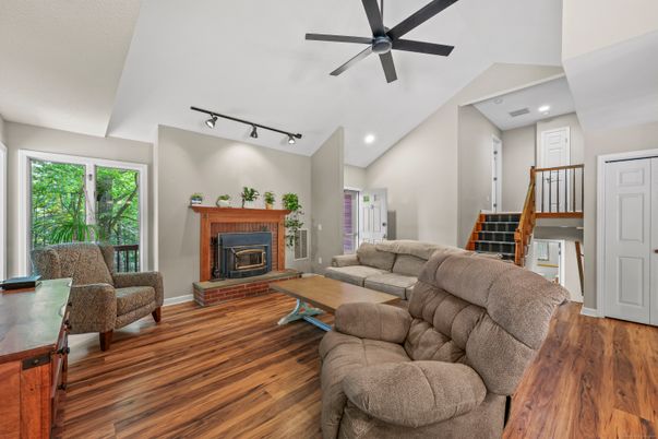 Fireplace, Interior, Living room, Recessed Lighting, Wood Texture Flooring