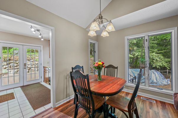 Chandelier, Dining room, Interior, Pendant Lights, Wood Texture Flooring