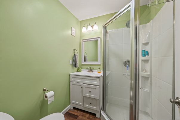 Bathroom, Glass Shower, Interior, Wood Texture Flooring