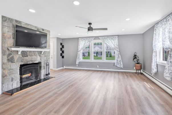 Fireplace, Interior, Recessed Lighting, Wood Texture Flooring