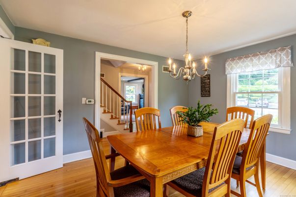Chandelier, Dining room, Interior, Wood Texture Flooring