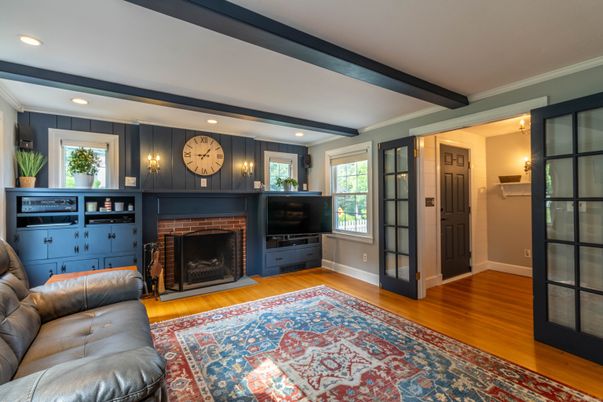 Fireplace, Interior, Living room, Recessed Lighting, Wood Texture Flooring