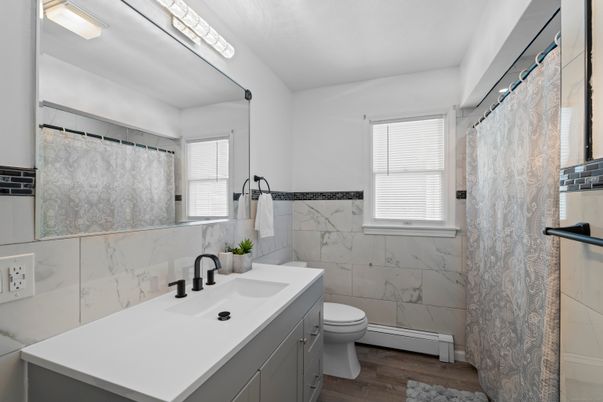 Bathroom, Interior, Marble Walls, Wood Texture Flooring