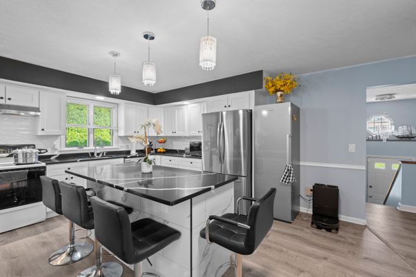 Interior, Kitchen, Pendant Lights, Stainless Steel Appliances, Wood Texture Flooring