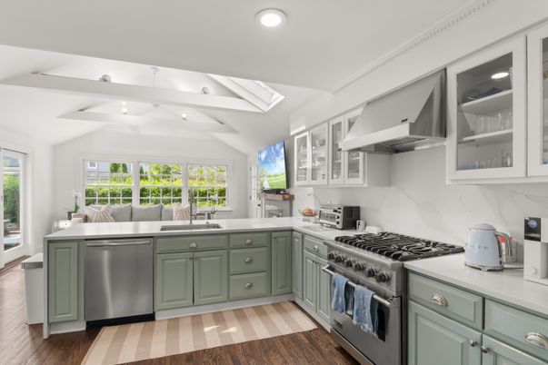 Interior, Kitchen, Marble Walls, Recessed Lighting, Stainless Steel Appliances, Wood Texture Flooring