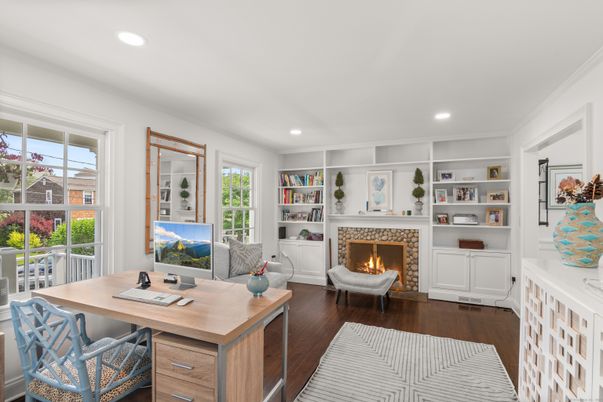 Fireplace, Home Office, Interior, Recessed Lighting, Wood Texture Flooring