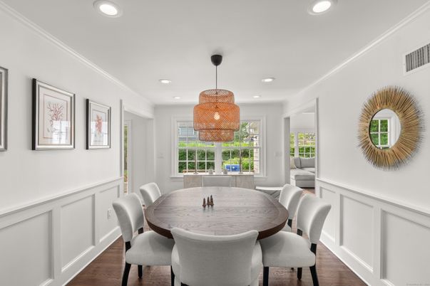 Dining room, Interior, Recessed Lighting, Wood Texture Flooring