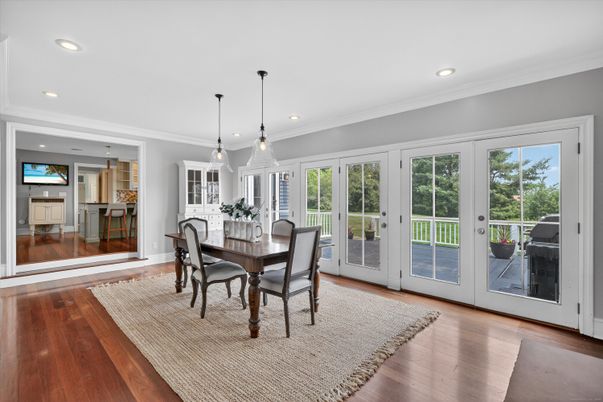 Dining room, Interior, Pendant Lights, Recessed Lighting, Wood Texture Flooring