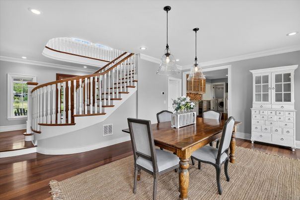 Dining room, Interior, Pendant Lights, Recessed Lighting, Wood Texture Flooring