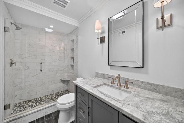 Bathroom, Glass Shower, Interior, Marble Walls, Recessed Lighting
