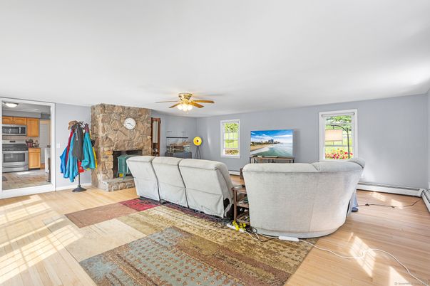 Fireplace, Interior, Living room, Stone Walls, Wood Texture Flooring