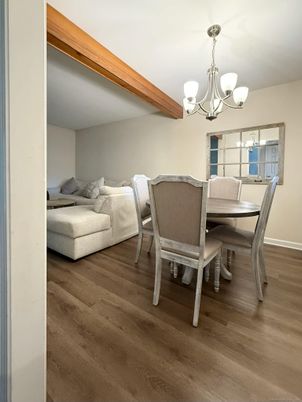 Chandelier, Dining room, Interior, Wooden Beams, Wood Texture Flooring