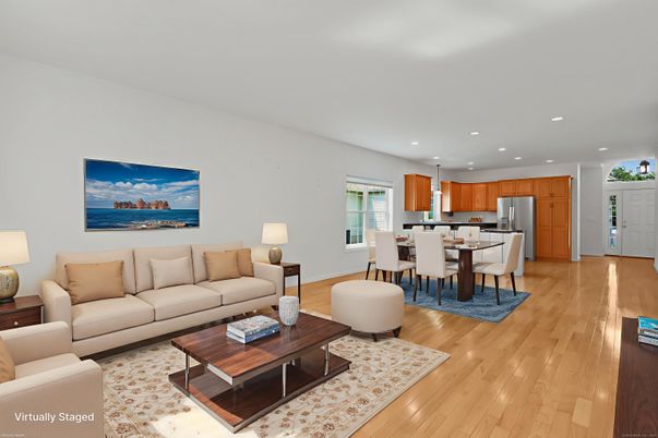 Dining room, Interior, Kitchen, Living room, Recessed Lighting, Stainless Steel Appliances, Wood Texture Flooring