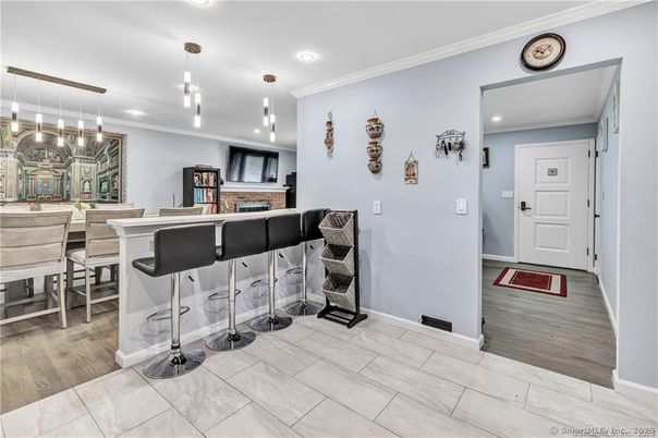 Dining room, Interior, Pendant Lights, Recessed Lighting, Wood Texture Flooring