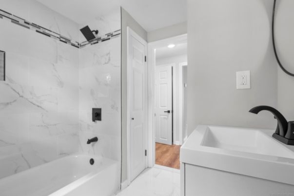 Bathroom, Interior, Marble, Marble Walls, Recessed Lighting, Wood Texture Flooring