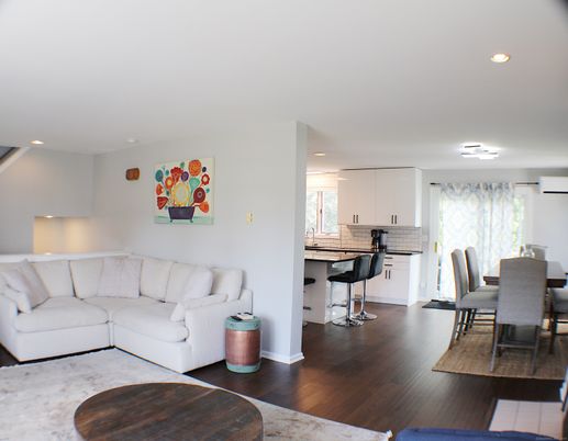 Dining room, Interior, Kitchen, Living room, Recessed Lighting, Wood Texture Flooring