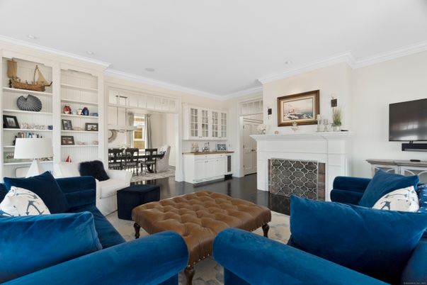 Dining room, Fireplace, Interior, Living room, Recessed Lighting, Wood Texture Flooring