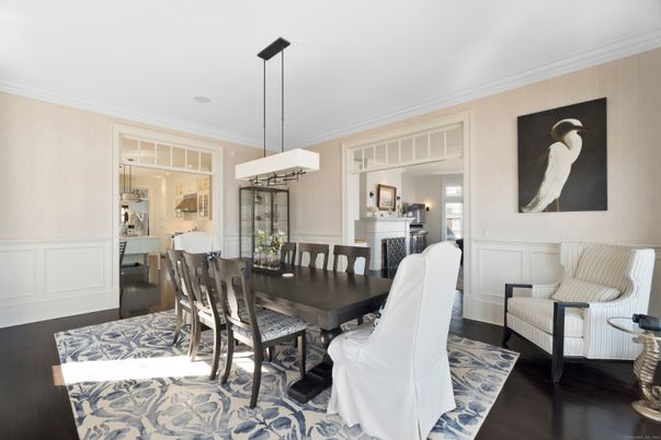 Dining room, Fireplace, Interior, Pendant Lights, Wood Texture Flooring
