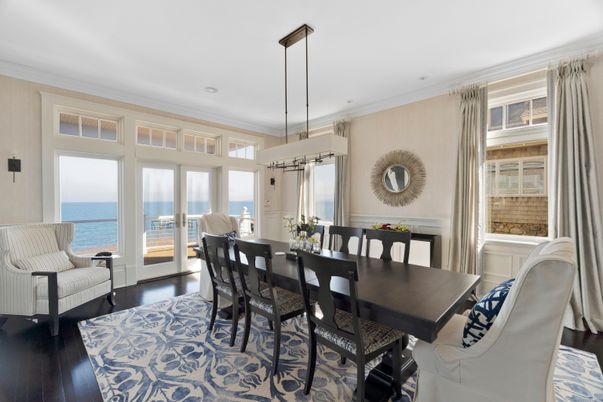 Dining room, Interior, Pendant Lights, Water, Wood Texture Flooring