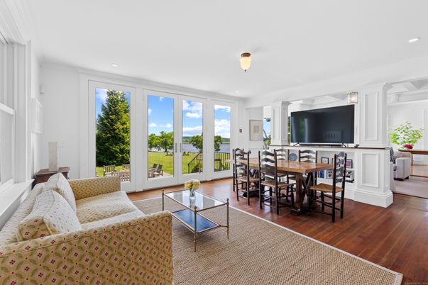 Dining room, Interior, Living room, Recessed Lighting, Wood Texture Flooring