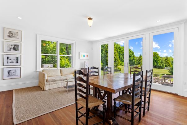 Dining room, Interior, Living room, Recessed Lighting, Wood Texture Flooring