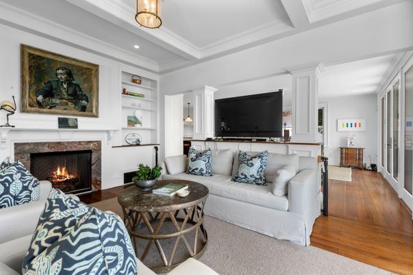 Fireplace, Interior, Living room, Recessed Lighting, Wood Texture Flooring