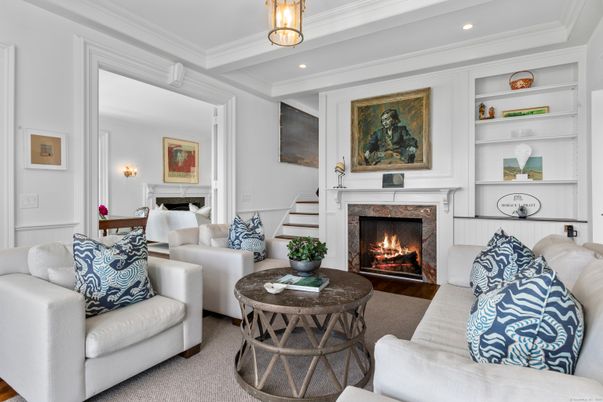 Fireplace, Interior, Living room, Recessed Lighting, Wood Texture Flooring