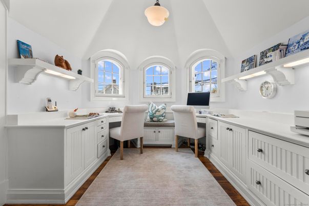 Home Office, Interior, Pendant Lights, Wood Texture Flooring