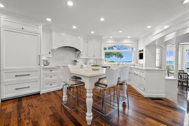 Dining room, Interior, Kitchen, Recessed Lighting, Water, Wood Texture Flooring