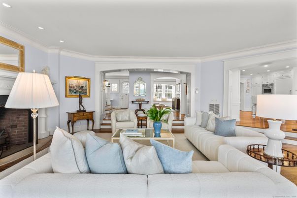 Fireplace, Interior, Kitchen, Living room, Recessed Lighting, Stainless Steel Appliances, Stone Walls, Wood Texture Flooring