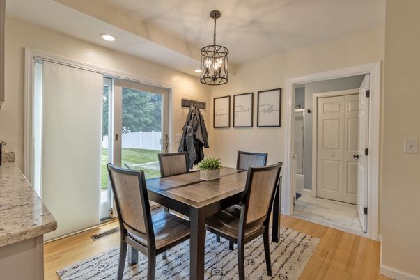 Dining room, Interior, Pendant Lights, Recessed Lighting, Wood Texture Flooring