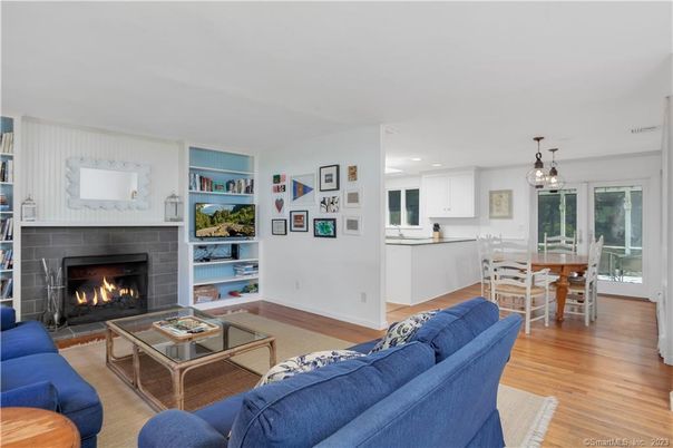 Dining room, Fireplace, Interior, Kitchen, Living room, Pendant Lights, Recessed Lighting, Wood Texture Flooring