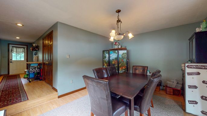 Dining room, Interior, Pendant Lights, Recessed Lighting, Wood Texture Flooring