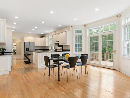 Dining room, Interior, Kitchen, Recessed Lighting, Stainless Steel Appliances, Wood Texture Flooring