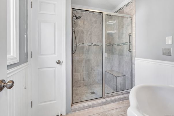 Bathroom, Glass Shower, Interior, Wood Texture Flooring