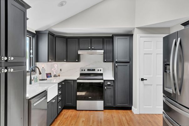 Interior, Kitchen, Recessed Lighting, Stainless Steel Appliances, Wood Texture Flooring