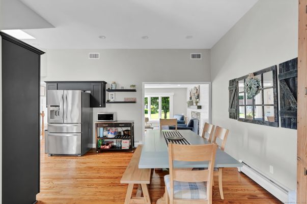 Dining room, Interior, Kitchen, Recessed Lighting, Stainless Steel Appliances, Wood Texture Flooring
