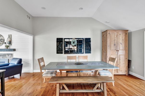 Dining room, Interior, Recessed Lighting, Wood Texture Flooring