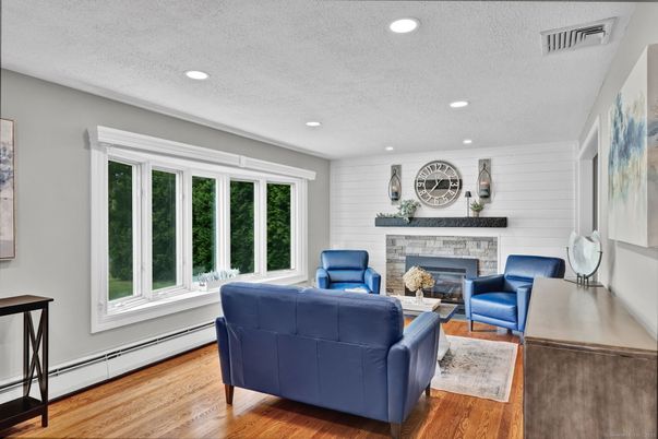 Fireplace, Interior, Living room, Recessed Lighting, Wood Texture Flooring