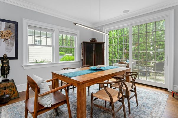 Dining room, Interior, Pendant Lights, Wood Texture Flooring