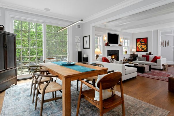 Dining room, Fireplace, Interior, Living room, Wood Texture Flooring
