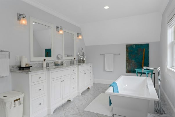 Bathroom, Dual Sink Vanities, Free Standing Baths, Interior, Marble, Recessed Lighting