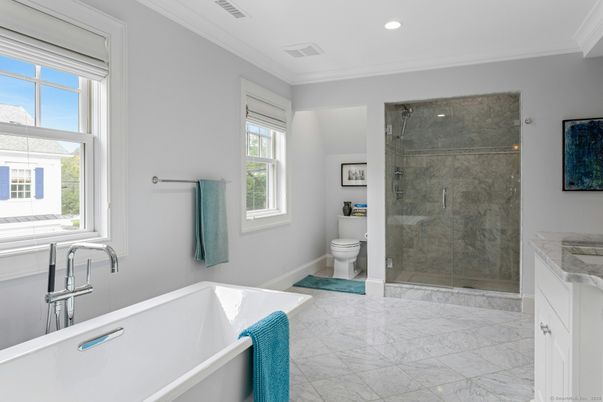 Bathroom, Glass Shower, Interior, Marble, Marble Walls, Recessed Lighting