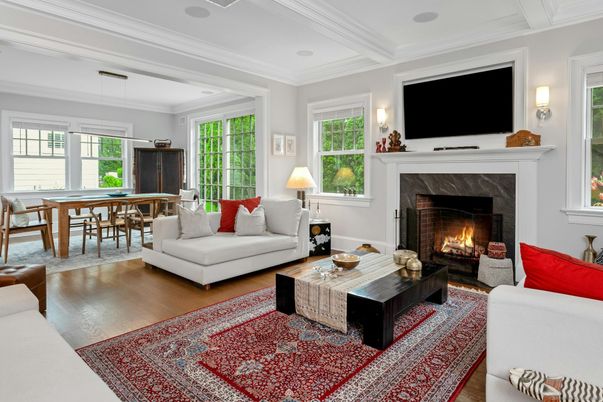 Dining room, Fireplace, Interior, Living room, Pendant Lights, Wood Texture Flooring
